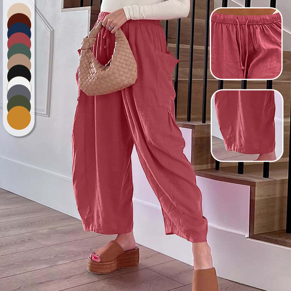 Pantalones casuales de algodón y lino con pierna ancha y cintura alta