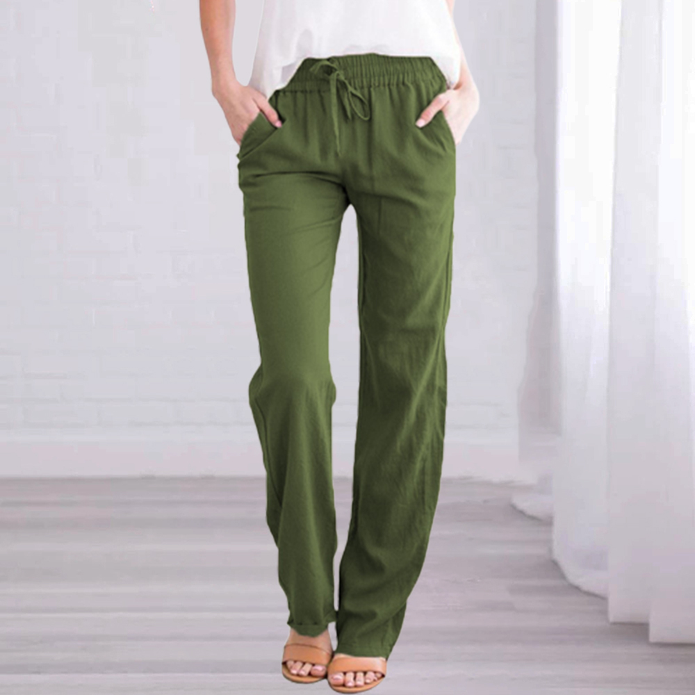 New Ladies Solid Color Cotton Linen Straight Leg Pants