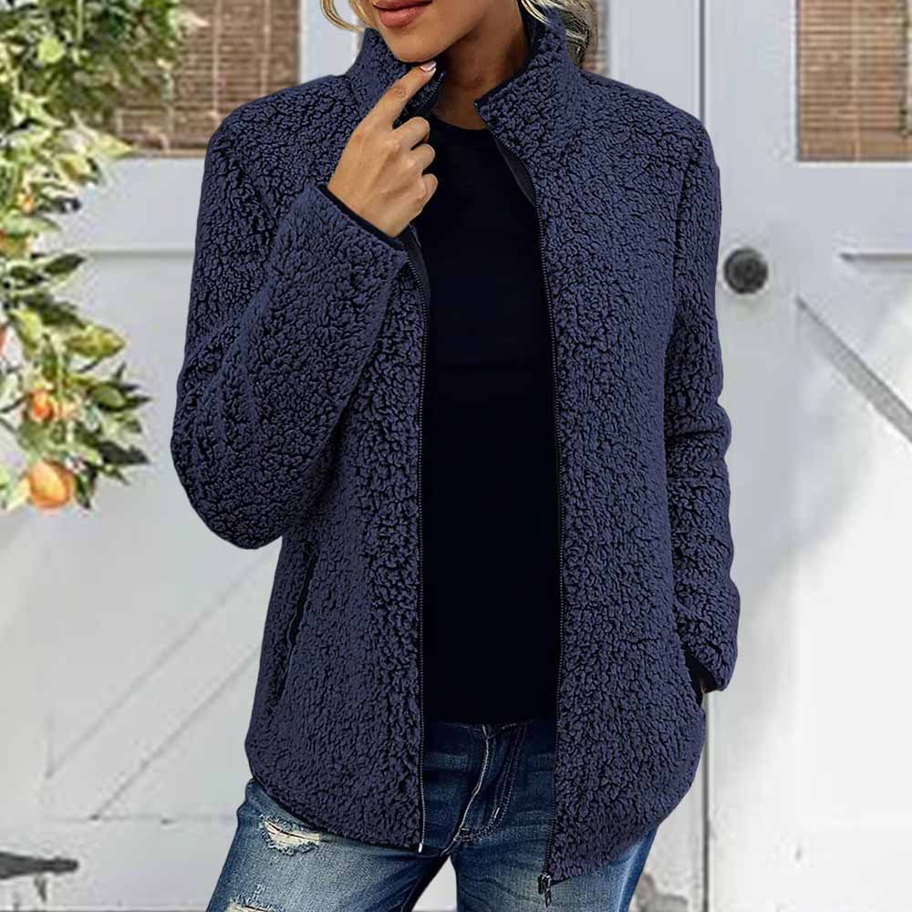 Olivoslindo Nueva chaqueta polar de color liso para mujer con cuello alto, mangas largas y cremallera
