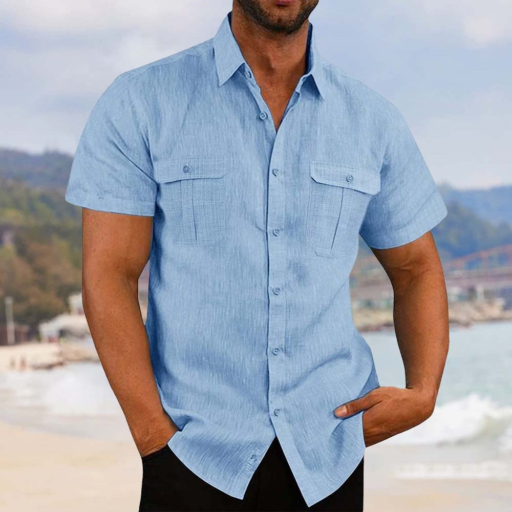 Men's stretch breathable cotton and linen pocket short-sleeved shirt