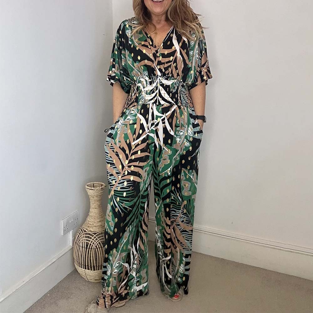 Mono holgado de talla grande con estampado de hojas estilo centro turístico para mujer