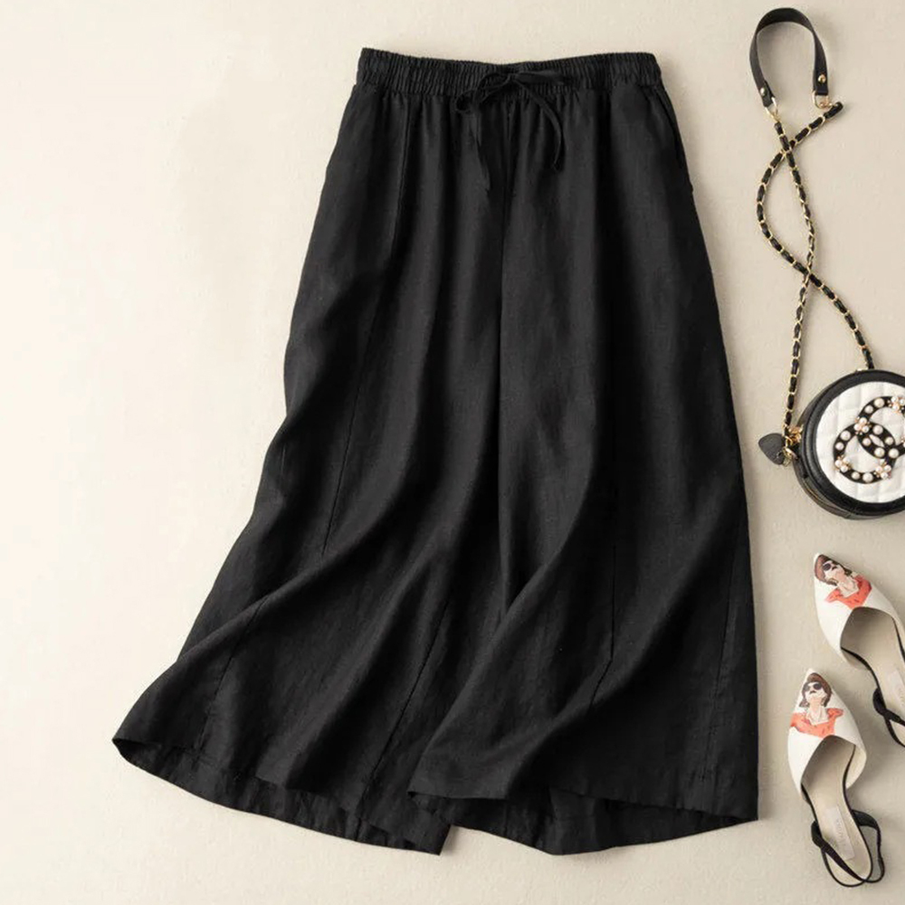 Pantalones de pierna ancha holgados informales de algodón y lino para mujer