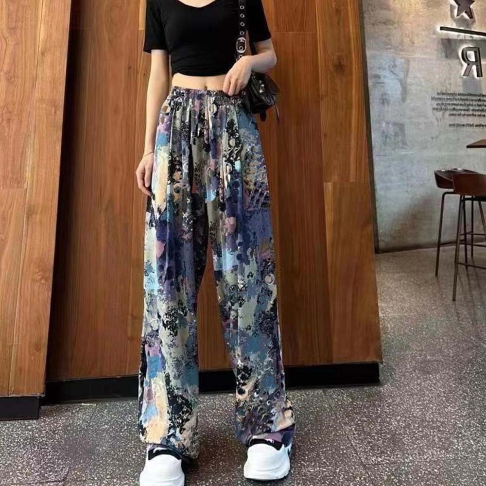 Women's fashionable printed tie-dye ice silk wide-leg pants