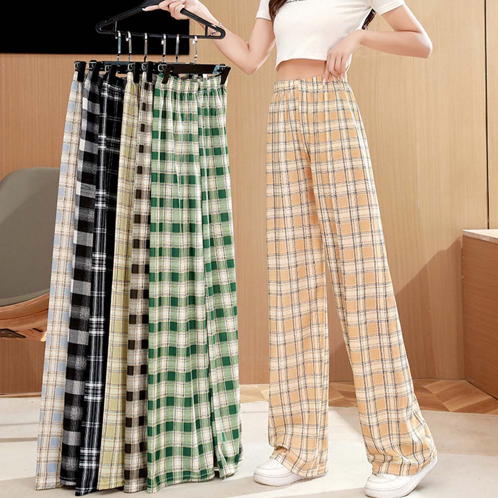 Women's casual plaid high waist wide leg pants