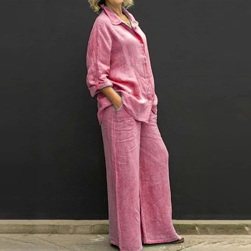 Women's casual cotton 2-piece set (long-sleeved shirt + wide-leg trousers)