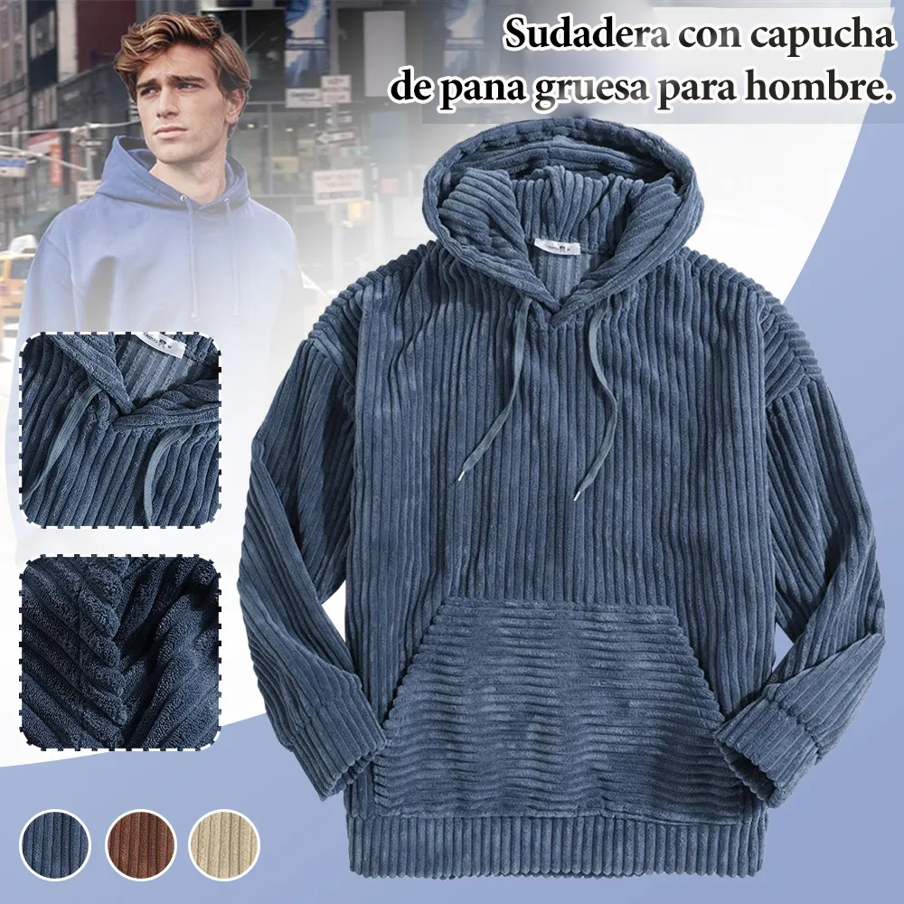 Sudadera con capucha y bolsillo de pana de color liso para hombre