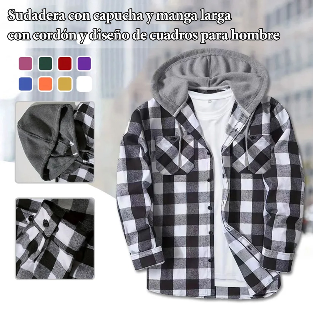 Cárdigan con capucha y cordón de cuadros cepillados para hombre