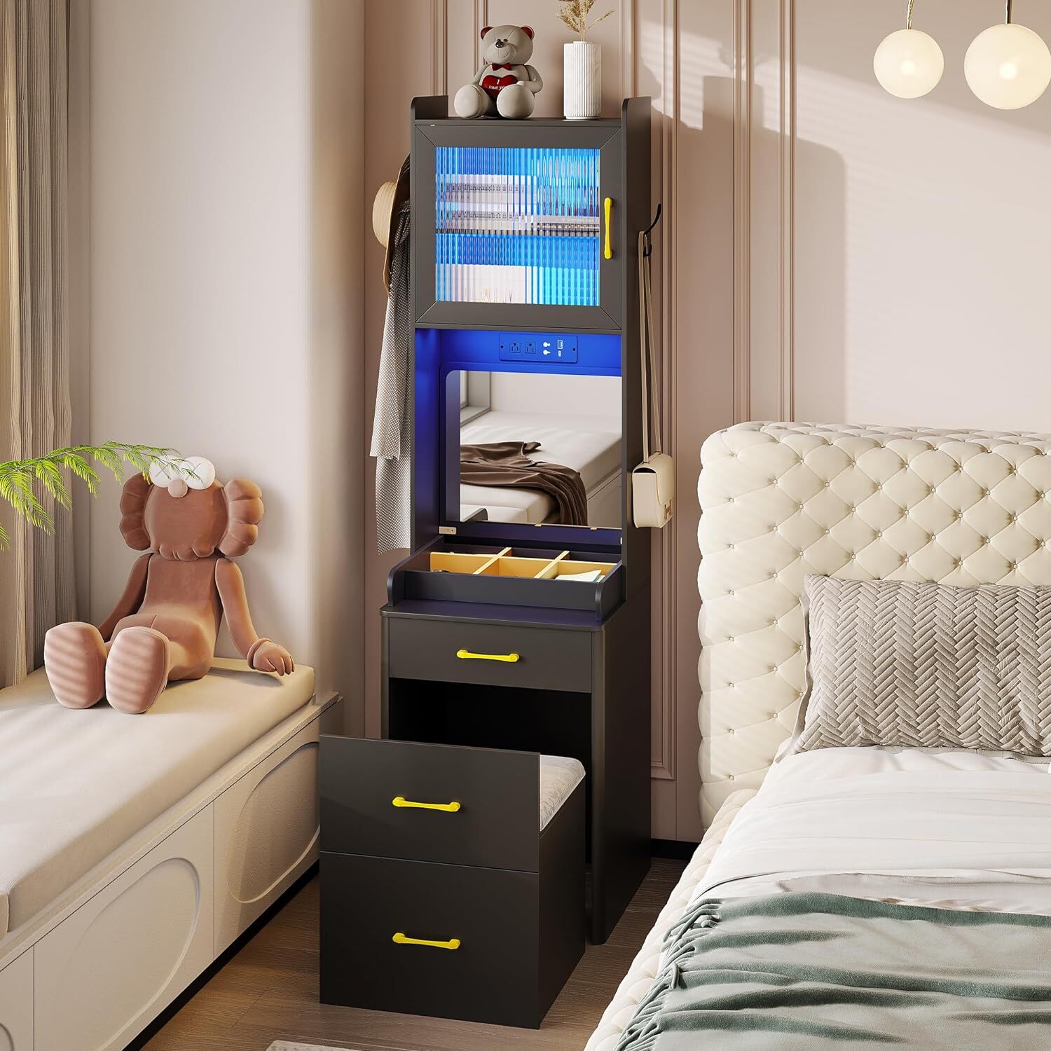 🔥[Last day for clearance]💥Vanity Station with Tri-Light LED: Flip Mirror/Desk, Storage & Charging, with Hidden Stool