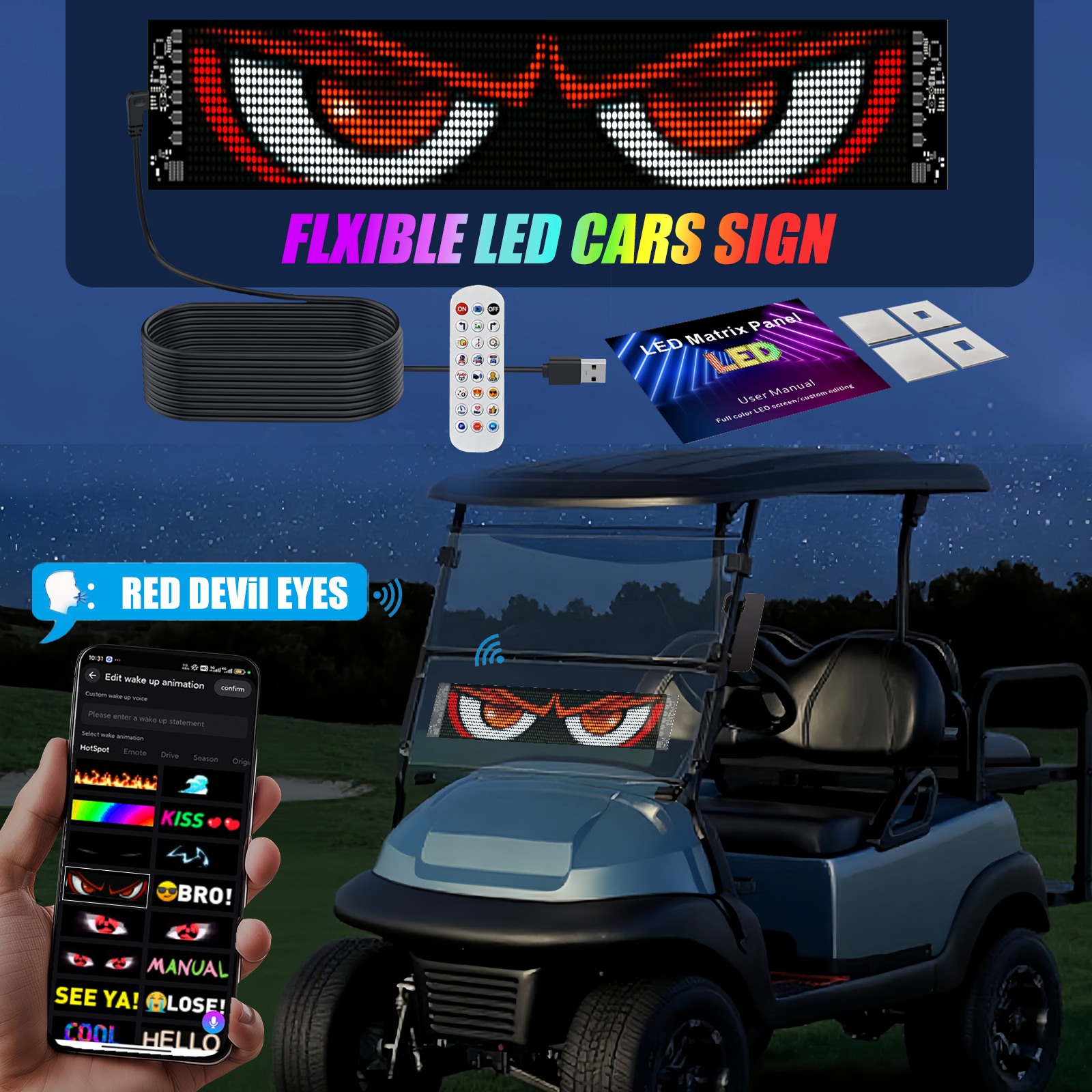 LED Matrix Display Panel, Devil Eyes Light for Cars Windshield, Programmable LED Scrolling Sign, Advertising Sign with Remote + APP+ Voice Control, DIY Pattern Animation 