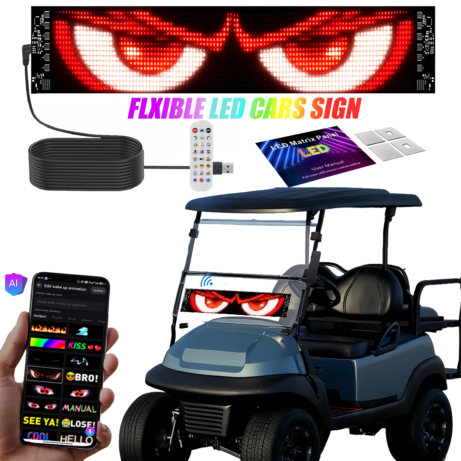 LED Matrix Display Panel, Devil Eyes Light for Cars Windshield, Programmable LED Scrolling Sign, Advertising Sign with Remote + APP+ Voice Control, DIY Pattern Animation 