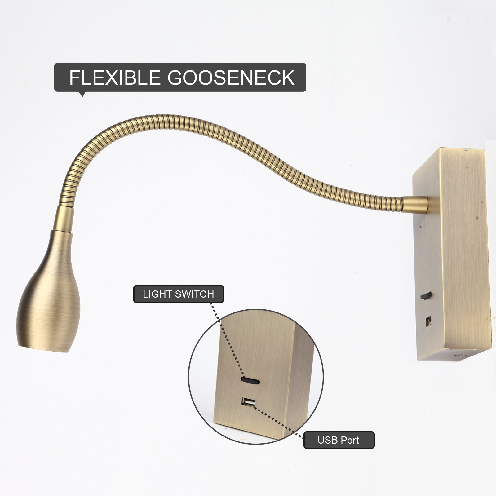 Meanyee Wall Mount Reading Lights Gooseneck bedside lamp with switch / USB Charge Port / Adjustable / 3W 3000K /Bronze/ MY-WN198T