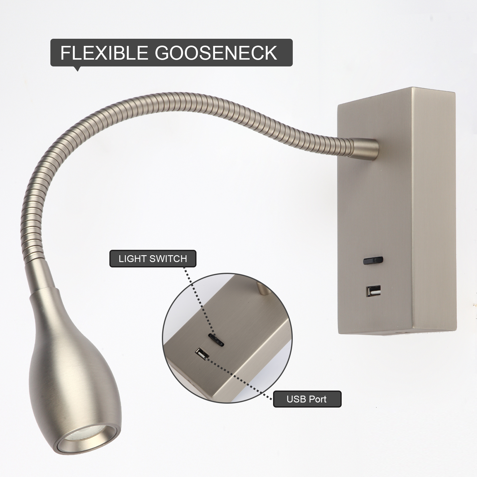 Meanyee Wall Mount Reading Lights Gooseneck bedside lamp with switch / USB Charge Port / Adjustable / 3W 3000K / Brush Nickel / MY-WN198N