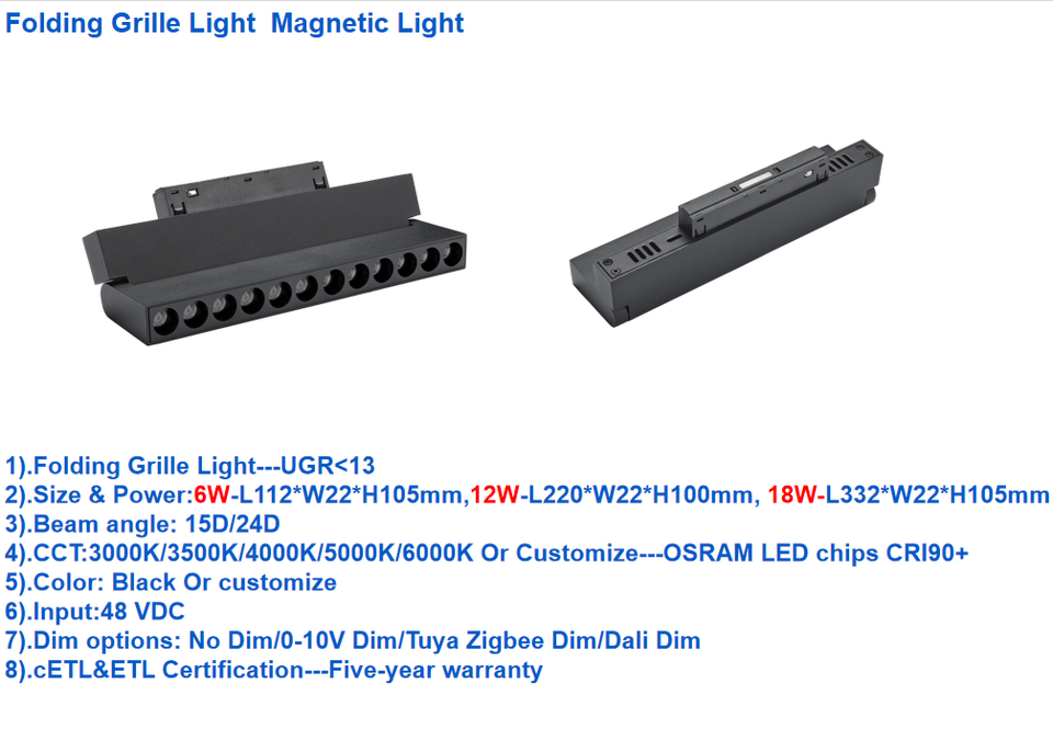 Modern Folding Grille Light ETL CETL Black White Magnetic Track 0-10V Zigbee Tuya Smart Dali Dim Used North American Market
