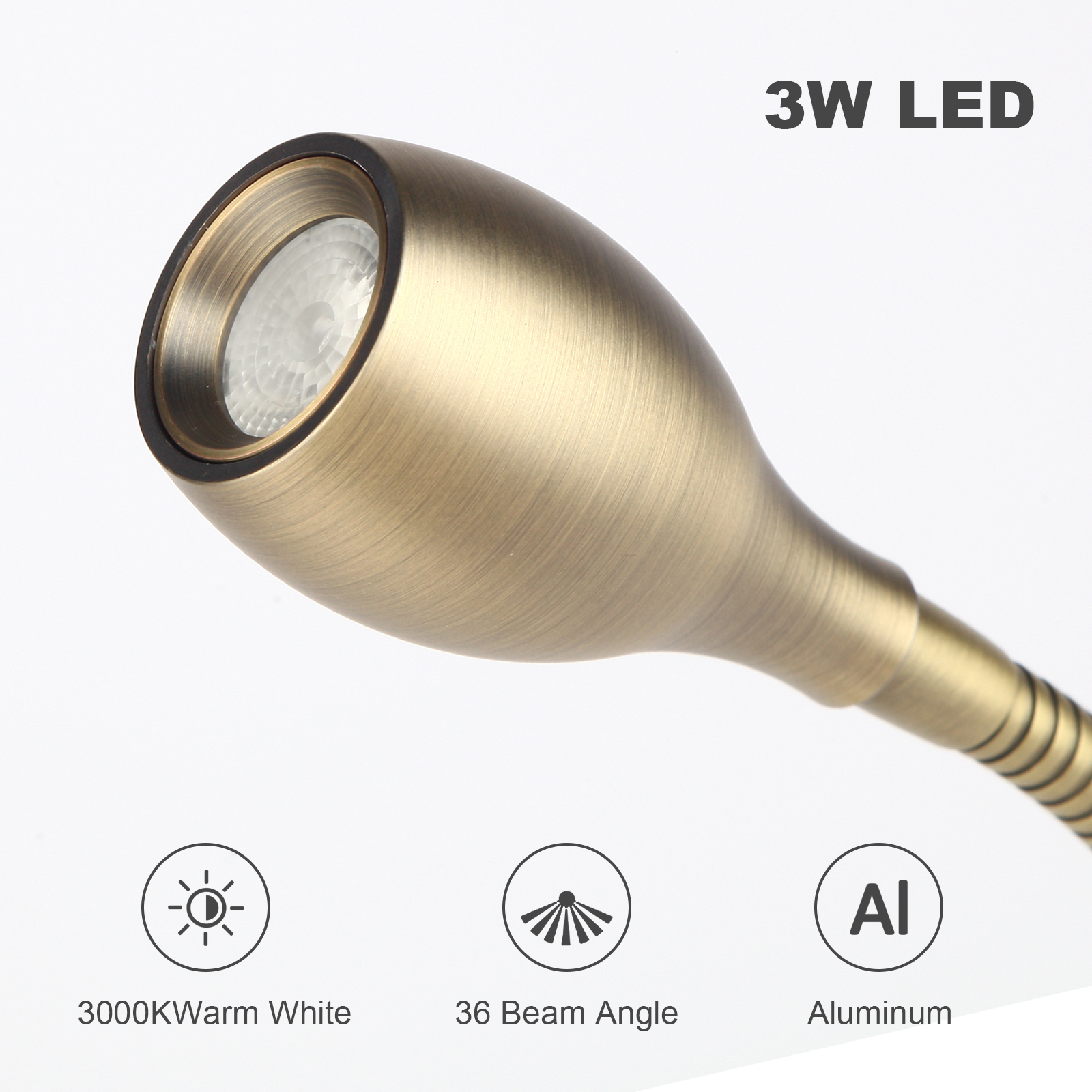 Meanyee Wall Mount Reading Lights Gooseneck bedside lamp with switch / USB Charge Port / Adjustable / 3W 3000K /Bronze/ MY-WN198T