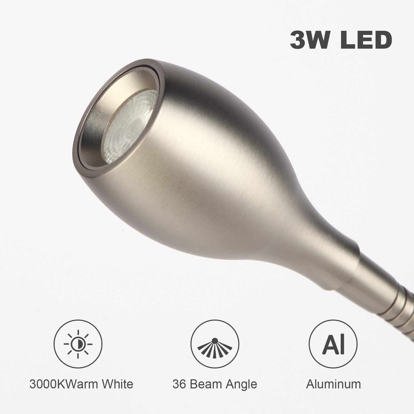 Meanyee Wall Mount Reading Lights Gooseneck bedside lamp with switch / USB Charge Port / Adjustable / 3W 3000K / Brush Nickel / MY-WN198N