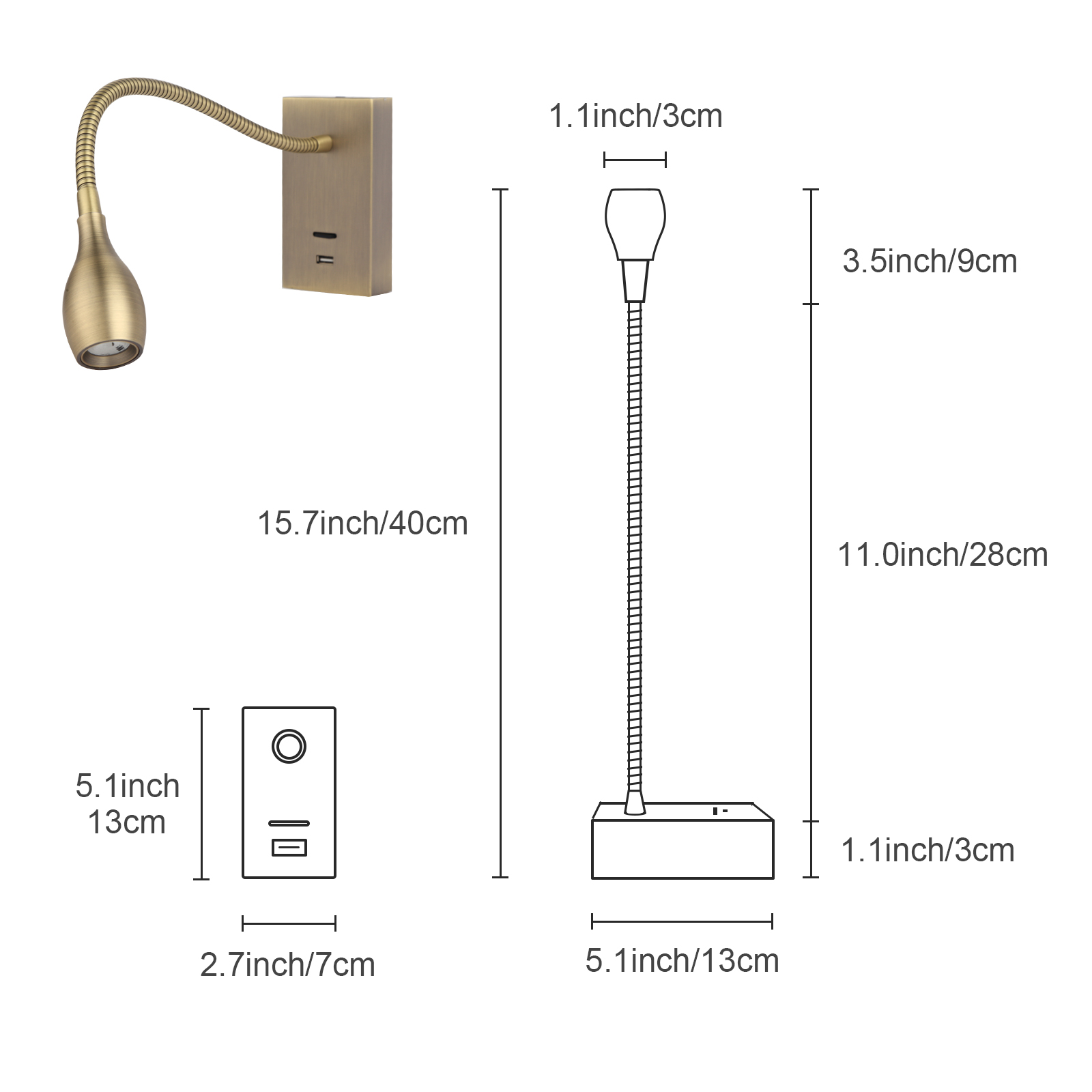 Meanyee Wall Mount Reading Lights Gooseneck bedside lamp with switch / USB Charge Port / Adjustable / 3W 3000K /Bronze/ MY-WN198T