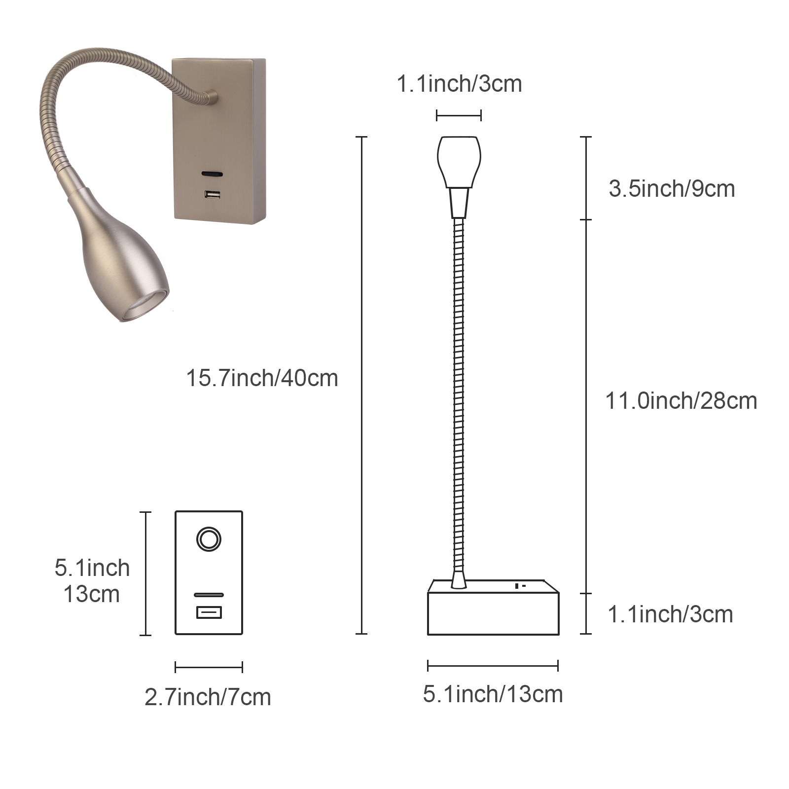 Meanyee Wall Mount Reading Lights Gooseneck bedside lamp with switch / USB Charge Port / Adjustable / 3W 3000K / Brush Nickel / MY-WN198N