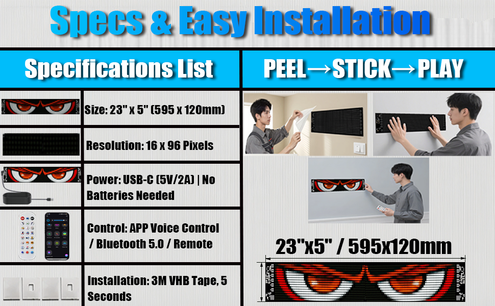 LED Matrix Display Panel, Devil Eyes Light for Cars Windshield, Programmable LED Scrolling Sign, Advertising Sign with Remote + APP+ Voice Control, DIY Pattern Animation 