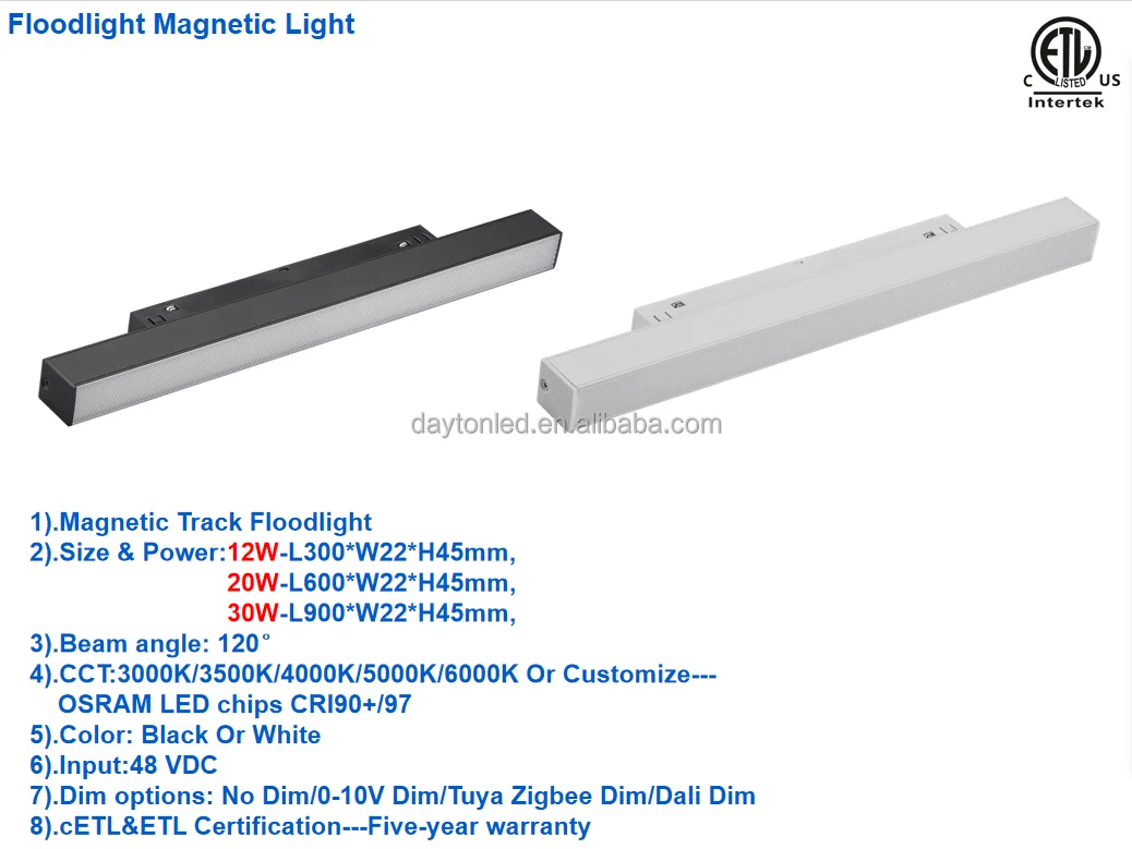 ETL CETL Compliant Modern Magnetic Track Flood 0-10V Zigbee Tuya Smart Dali Dim Black White Cob USA Safety Regulations Comply