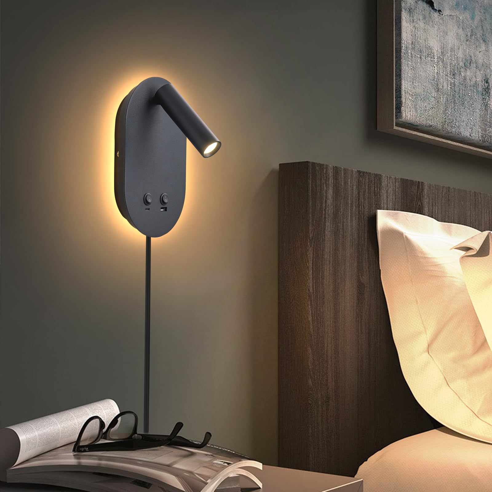 Meanyee Wall Lamp Plug in Hardwired 2 in 1 Wall Sconces, Wall Mounted Reading Light with USB Type C Ports, Adjustable Bedside Headboard Spotlight, Bedside Lamp with 9W+3W Night Light 3000K