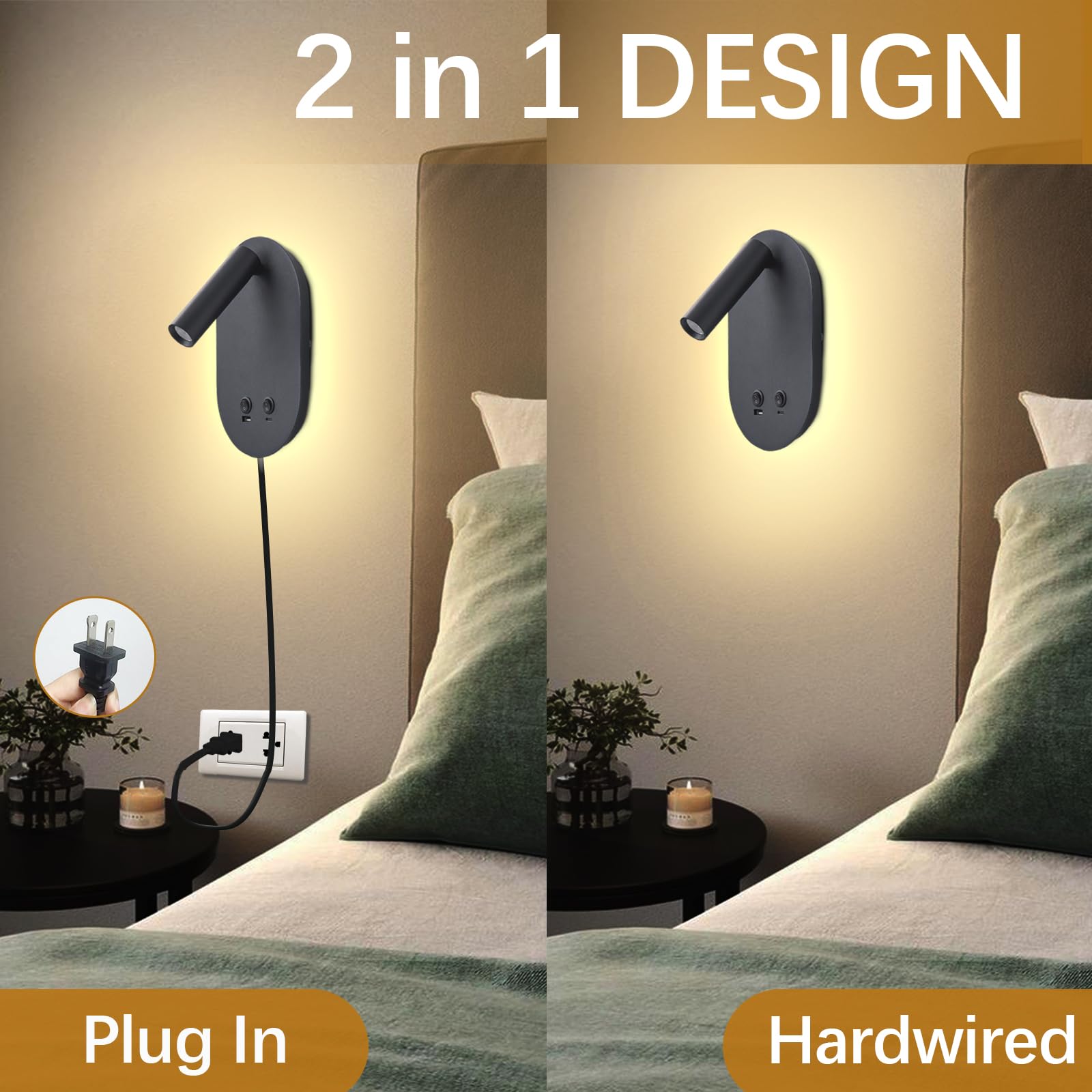 Meanyee Wall Lamp Plug in Hardwired 2 in 1 Wall Sconces, Wall Mounted Reading Light with USB Type C Ports, Adjustable Bedside Headboard Spotlight, Bedside Lamp with 9W+3W Night Light 3000K