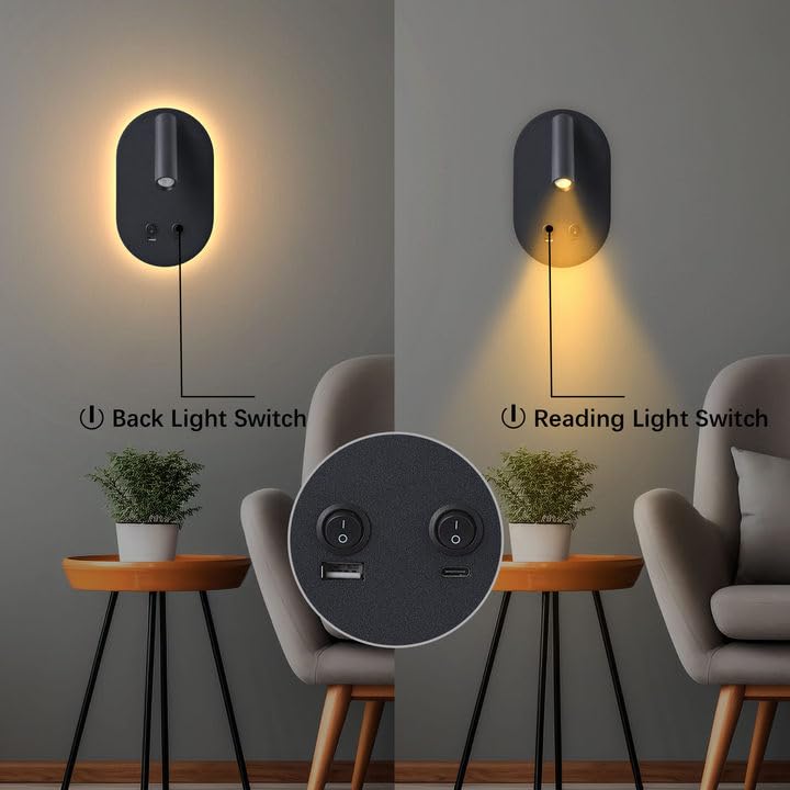 Meanyee Wall Lamp Plug in Hardwired 2 in 1 Wall Sconces, Wall Mounted Reading Light with USB Type C Ports, Adjustable Bedside Headboard Spotlight, Bedside Lamp with 9W+3W Night Light 3000K