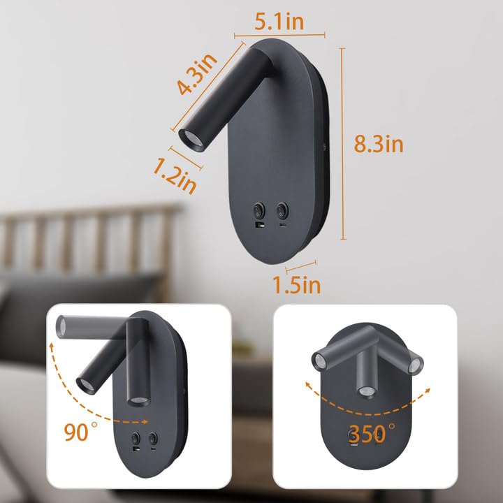 Meanyee Wall Lamp Plug in Hardwired 2 in 1 Wall Sconces, Wall Mounted Reading Light with USB Type C Ports, Adjustable Bedside Headboard Spotlight, Bedside Lamp with 9W+3W Night Light 3000K
