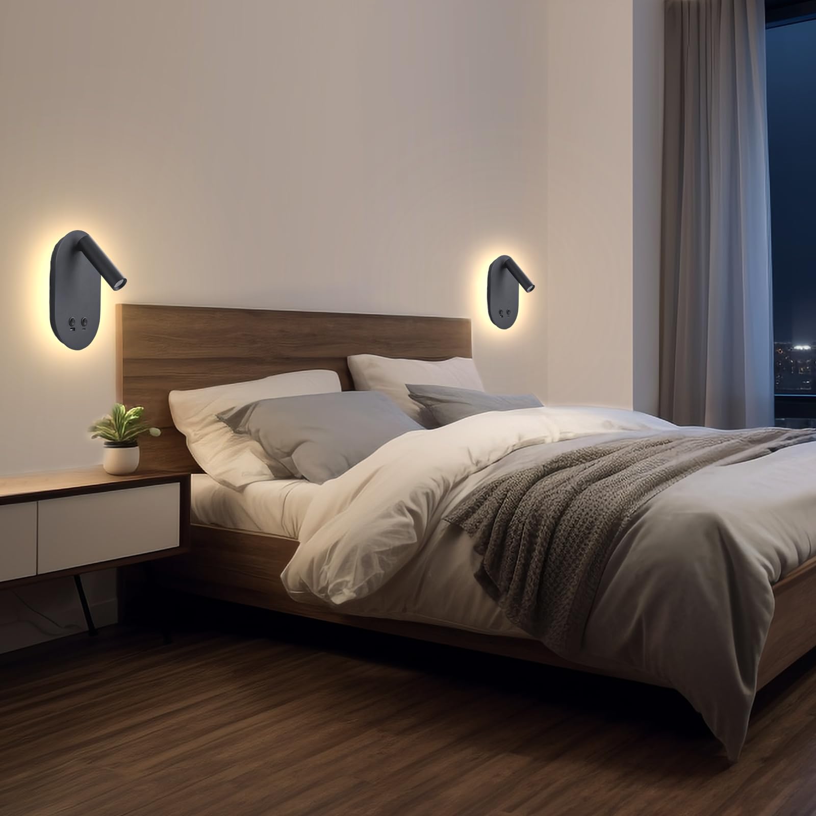 Meanyee Wall Lamp Plug in Hardwired 2 in 1 Wall Sconces, Wall Mounted Reading Light with USB Type C Ports, Adjustable Bedside Headboard Spotlight, Bedside Lamp with 9W+3W Night Light 3000K