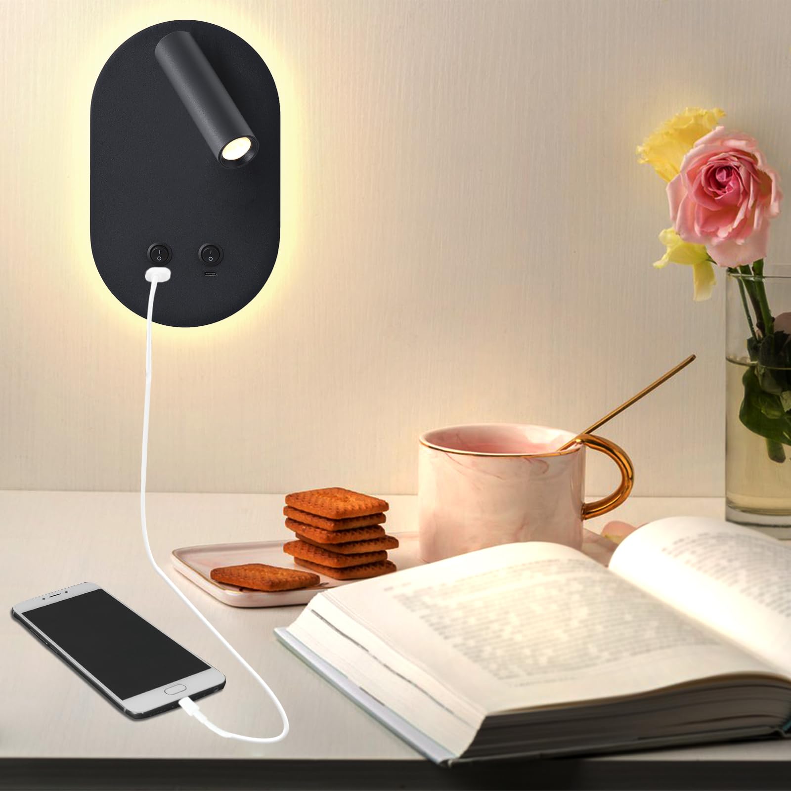 Meanyee Wall Lamp Plug in Hardwired 2 in 1 Wall Sconces, Wall Mounted Reading Light with USB Type C Ports, Adjustable Bedside Headboard Spotlight, Bedside Lamp with 9W+3W Night Light 3000K
