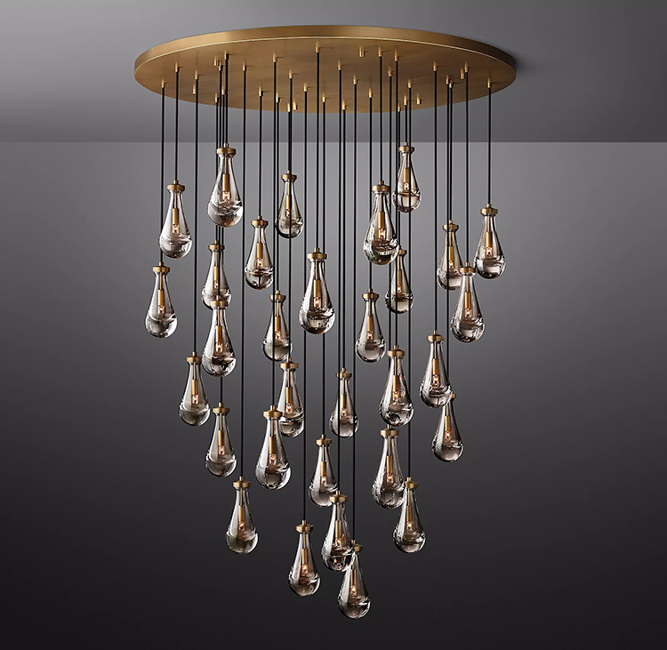 Custom Crystal Raindrops Lighting Lamp Vintage Farmhouse Brass Pendant Light High Ceiling Luxury Teardrop Long Drop Chandelier