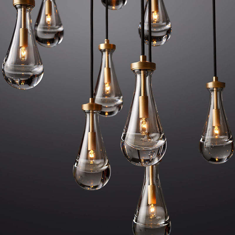 Custom Crystal Raindrops Lighting Lamp Vintage Farmhouse Brass Pendant Light High Ceiling Luxury Teardrop Long Drop Chandelier