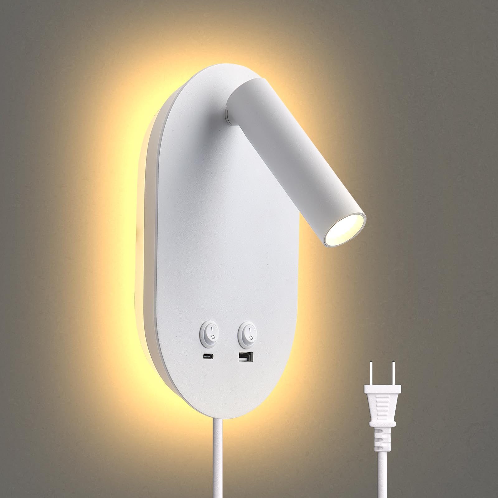 Meanyee Wall Lamp Plug in Hardwired 2 in 1 Wall Sconces, Wall Mounted Reading Light with USB Type C Ports, Adjustable Bedside Headboard Spotlight, Bedside Lamp with 9W+3W Night Light 3000K
