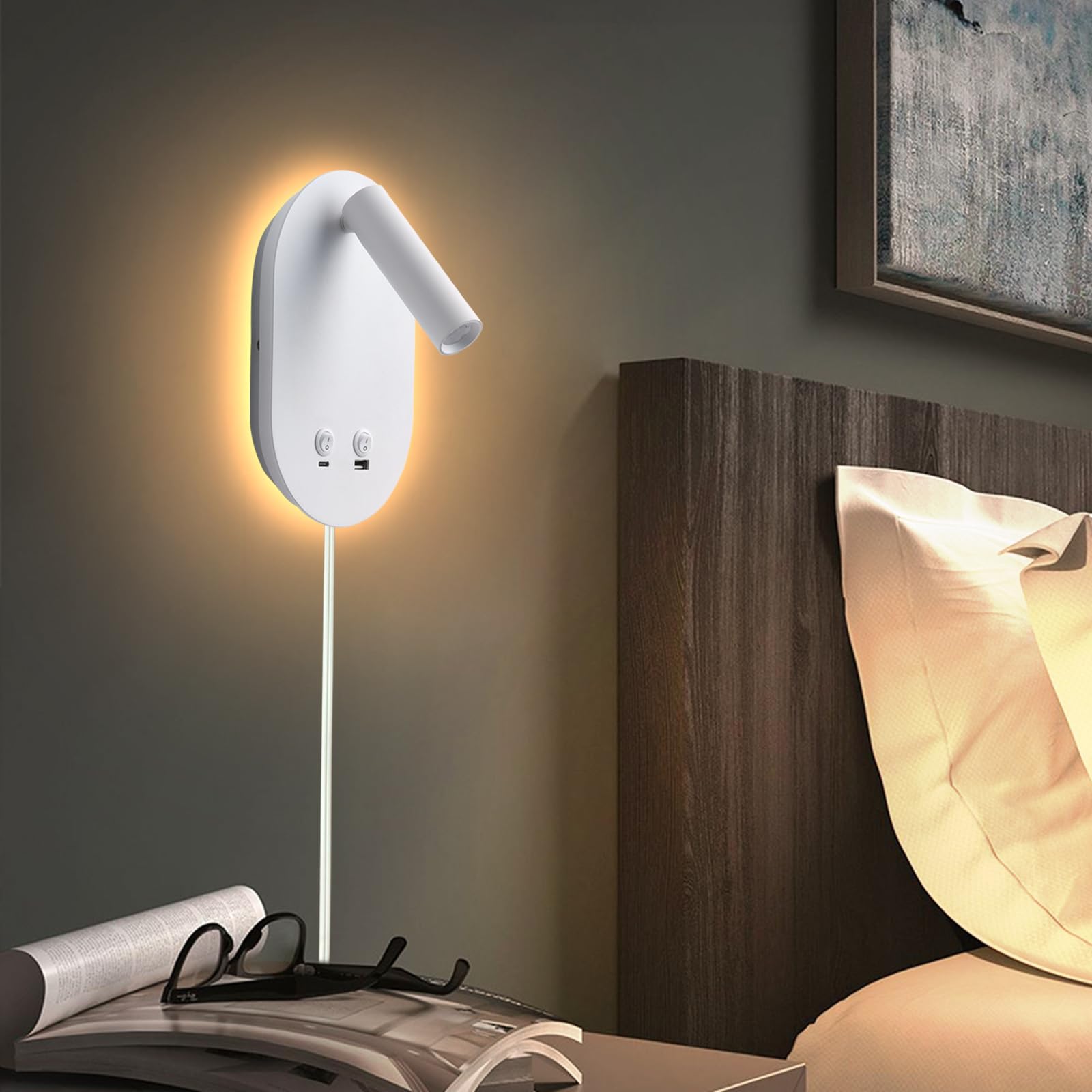 Meanyee Wall Lamp Plug in Hardwired 2 in 1 Wall Sconces, Wall Mounted Reading Light with USB Type C Ports, Adjustable Bedside Headboard Spotlight, Bedside Lamp with 9W+3W Night Light 3000K
