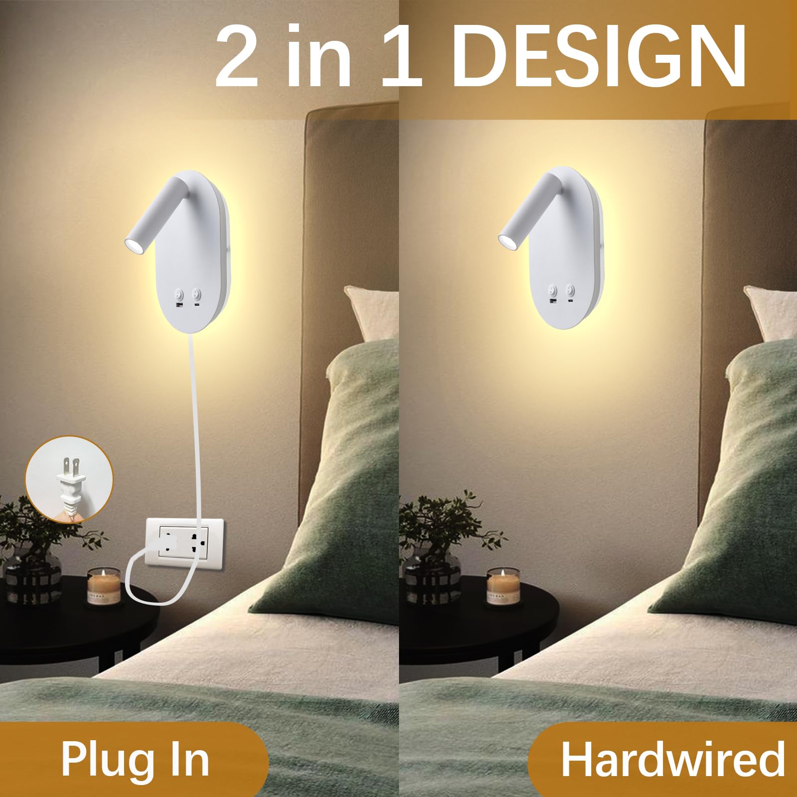 Meanyee Wall Lamp Plug in Hardwired 2 in 1 Wall Sconces, Wall Mounted Reading Light with USB Type C Ports, Adjustable Bedside Headboard Spotlight, Bedside Lamp with 9W+3W Night Light 3000K