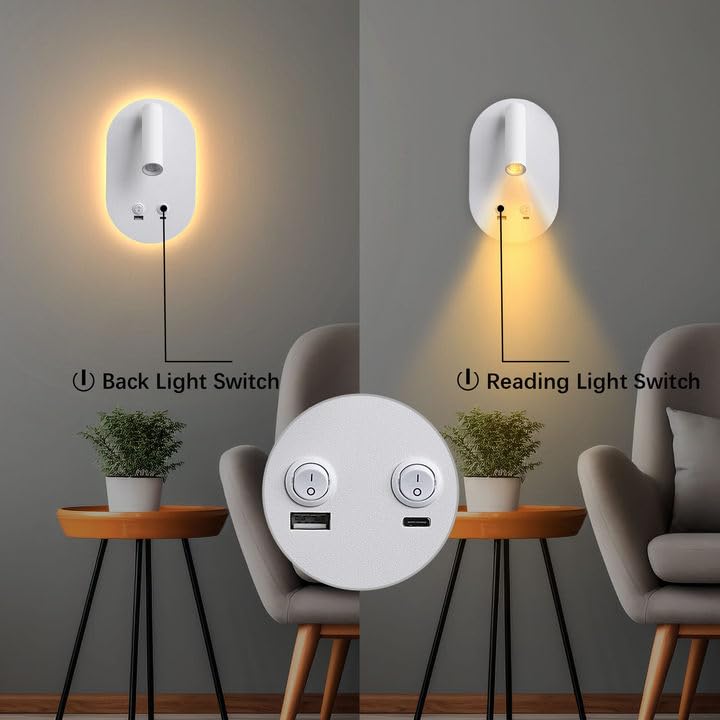 Meanyee Wall Lamp Plug in Hardwired 2 in 1 Wall Sconces, Wall Mounted Reading Light with USB Type C Ports, Adjustable Bedside Headboard Spotlight, Bedside Lamp with 9W+3W Night Light 3000K