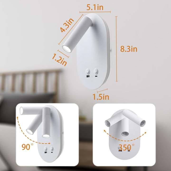 Meanyee Wall Lamp Plug in Hardwired 2 in 1 Wall Sconces, Wall Mounted Reading Light with USB Type C Ports, Adjustable Bedside Headboard Spotlight, Bedside Lamp with 9W+3W Night Light 3000K
