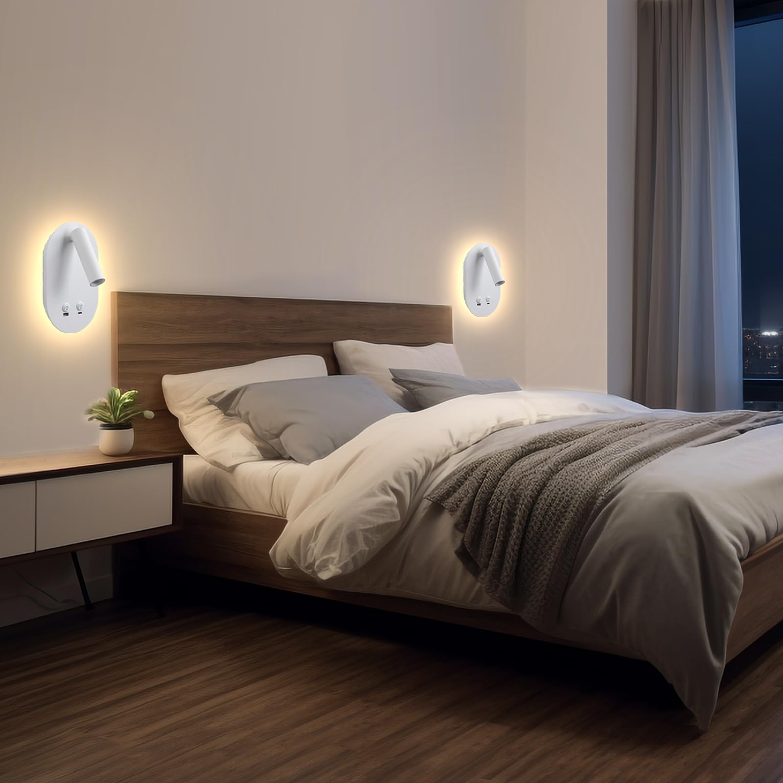 Meanyee Wall Lamp Plug in Hardwired 2 in 1 Wall Sconces, Wall Mounted Reading Light with USB Type C Ports, Adjustable Bedside Headboard Spotlight, Bedside Lamp with 9W+3W Night Light 3000K