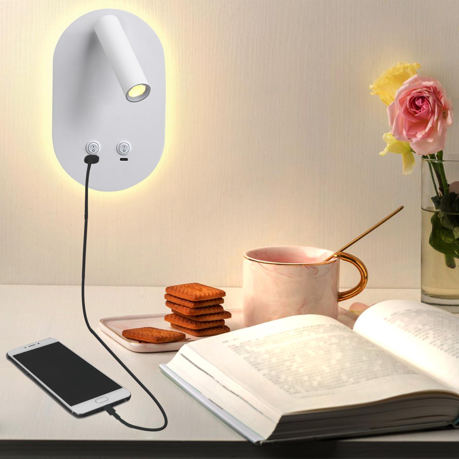 Meanyee Wall Lamp Plug in Hardwired 2 in 1 Wall Sconces, Wall Mounted Reading Light with USB Type C Ports, Adjustable Bedside Headboard Spotlight, Bedside Lamp with 9W+3W Night Light 3000K