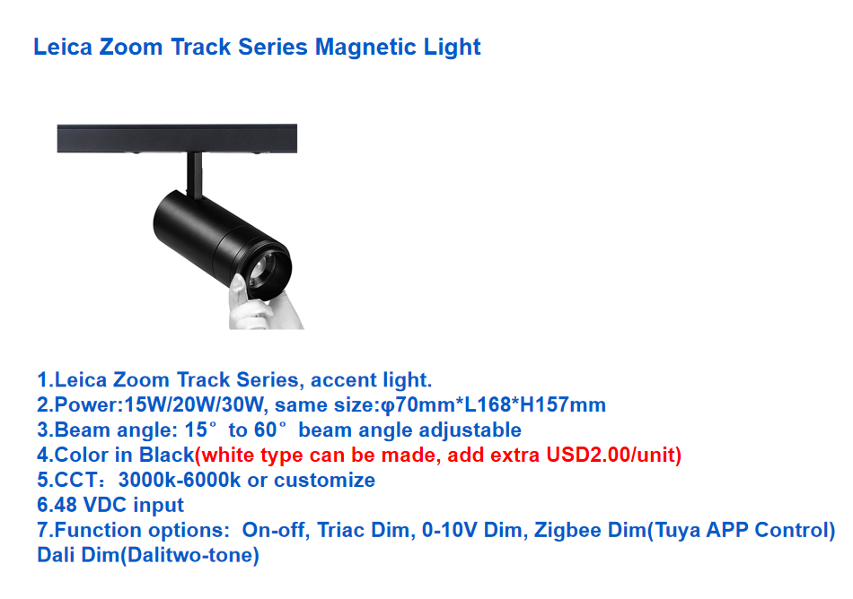 Leica 7-20W LED Zoom Track Spotlight ETL&cETL Black White Magnetic Track Light 0-10V Zigbee Tuya Smart Dali Dim for Home Market
