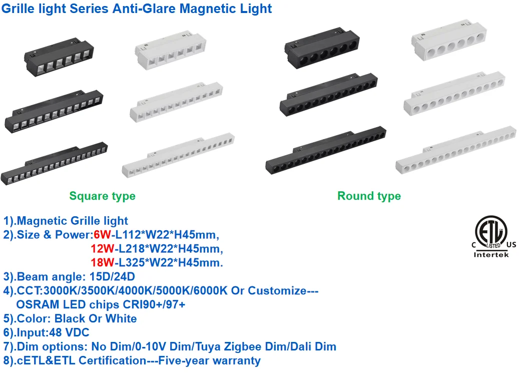 12W Modern Magnetic Grill LED Track Lights Aluminum Body 48V Input Voltage for Indoor Hotels Supermarkets Offices & Shops