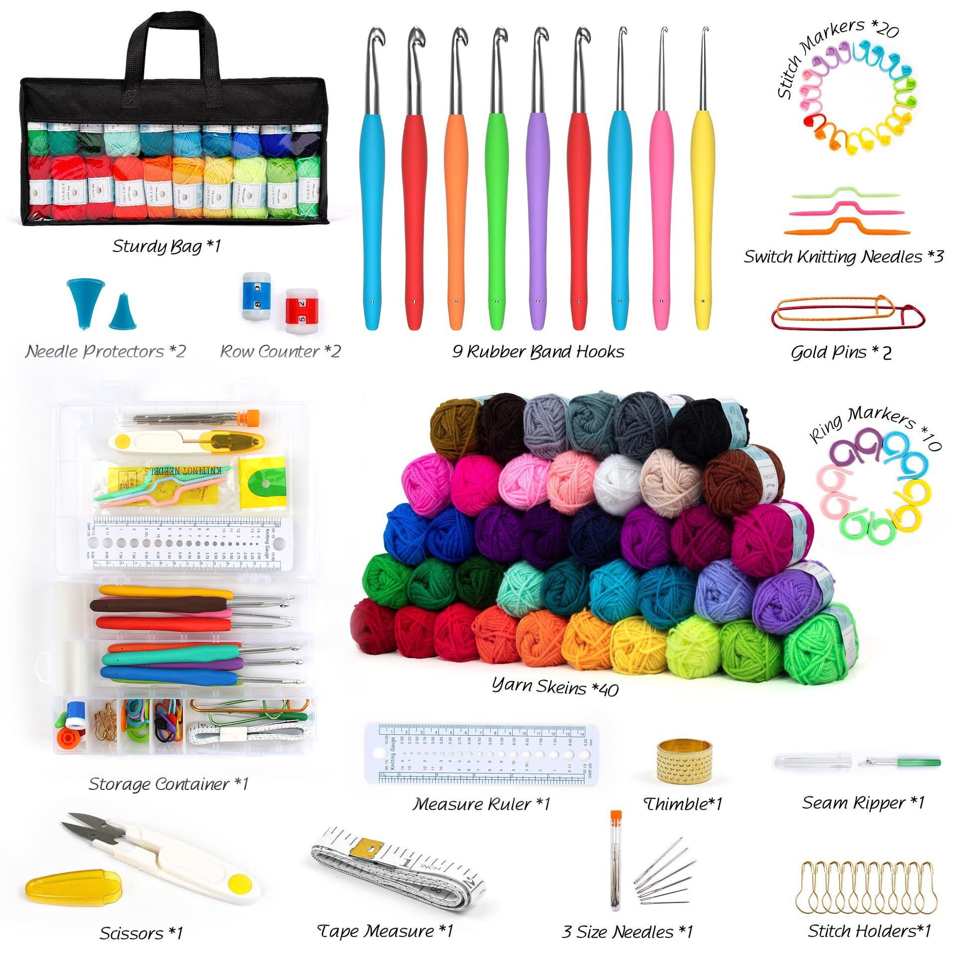 Wolly Wonders 113 Piece Crochet with Yarn Set–1600 Yards Assorted Yarn 24 PCS Crochet Accessories Set Including Hooks, Knitting Needles & More Ideal Beginner, Adults Kit