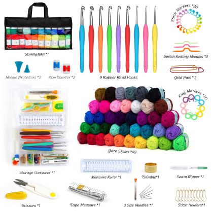 Wolly Wonders 113 Piece Crochet with Yarn Set–1600 Yards Assorted Yarn 24 PCS Crochet Accessories Set Including Hooks, Knitting Needles & More Ideal Beginner, Adults Kit