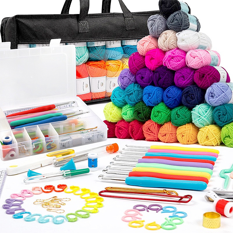 113 Piece Crochet with Yarn Set–1600 Yards Assorted Yarn 24 PCS Crochet Accessories Set Including Hooks, Knitting Needles & More Ideal Beginner, Adults Kit