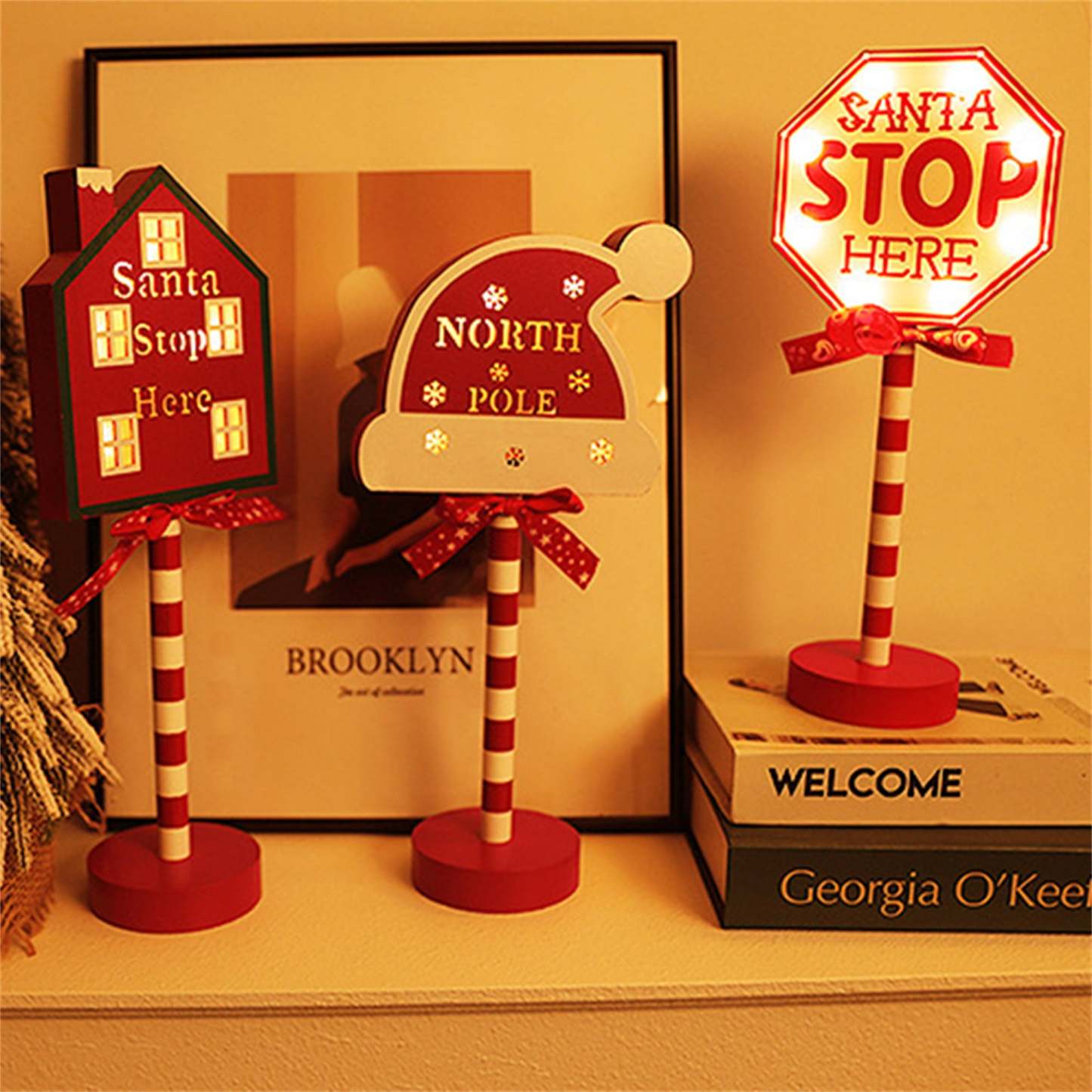 Christmas Santa Stop Here Sign LED Light Up North Pole Sign Tabletop Decorations for Home