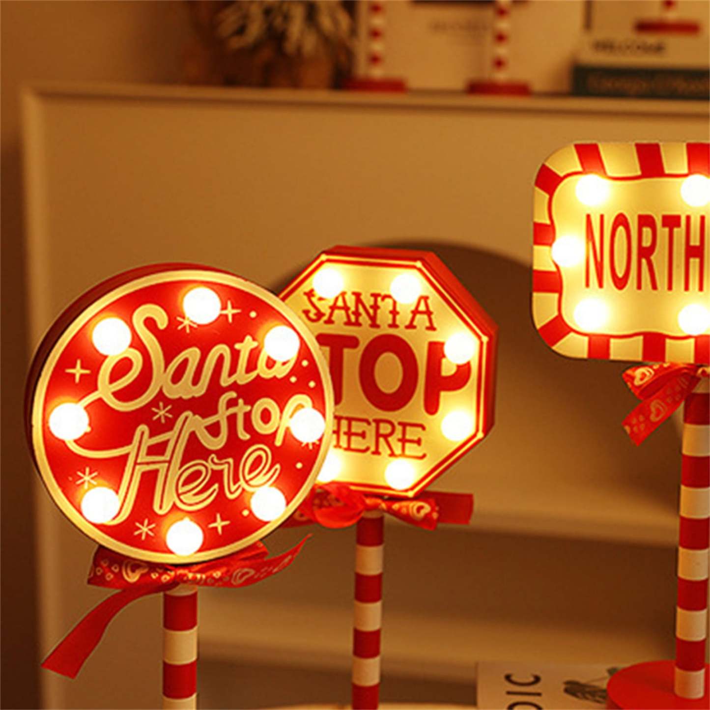 Christmas Santa Stop Here Sign LED Light Up North Pole Sign Tabletop Decorations for Home