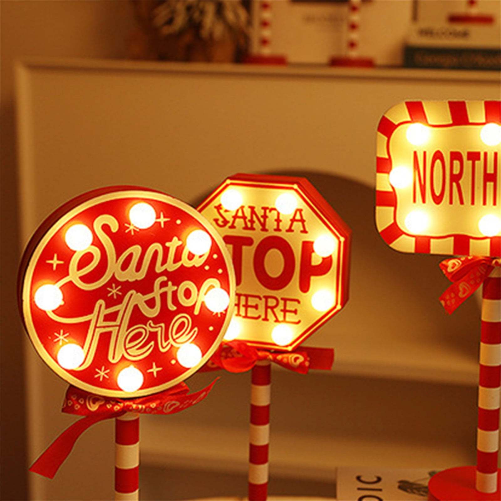 Christmas Santa Stop Here Sign LED Light Up North Pole Sign Tabletop Decorations for Home