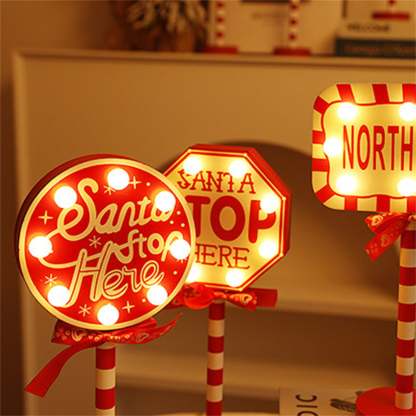 Christmas Santa Stop Here Sign LED Light Up North Pole Sign Tabletop Decorations for Home