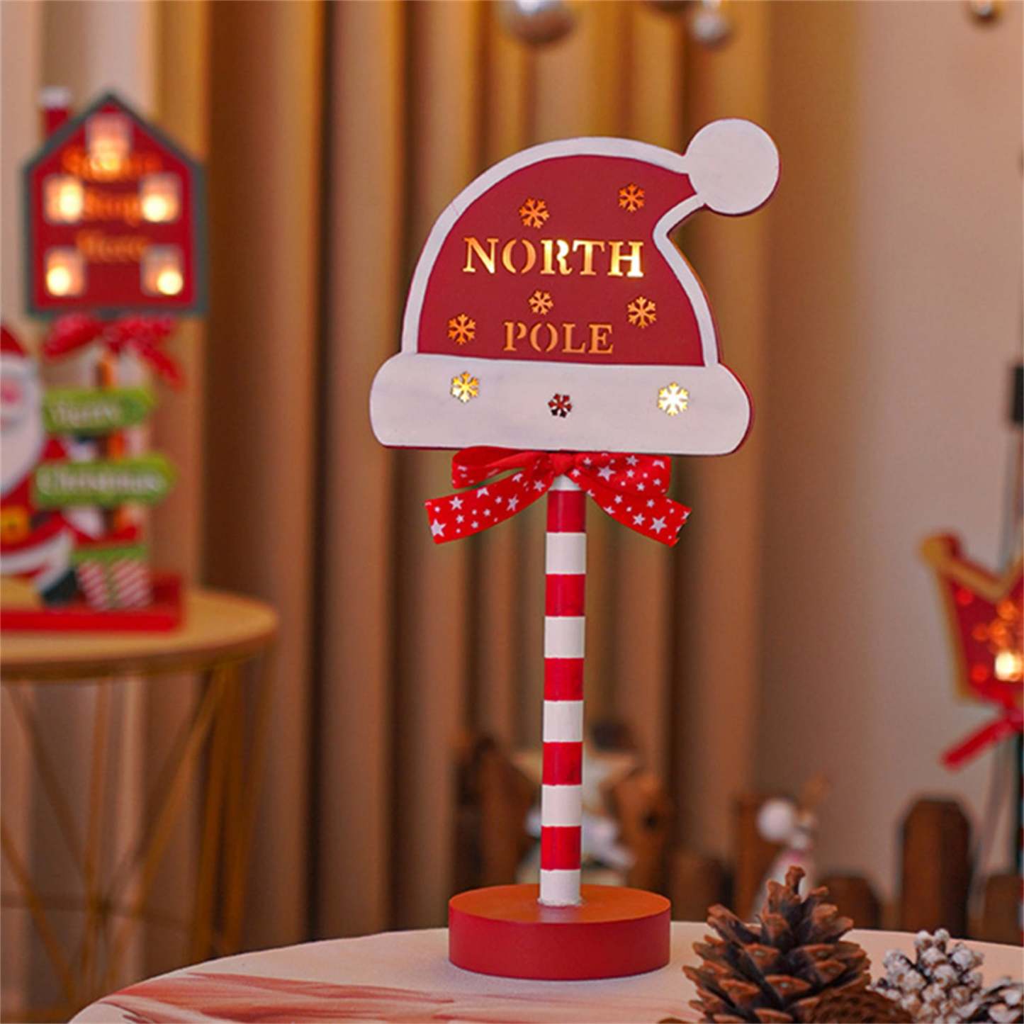 Christmas Santa Stop Here Sign LED Light Up North Pole Sign Tabletop Decorations for Home