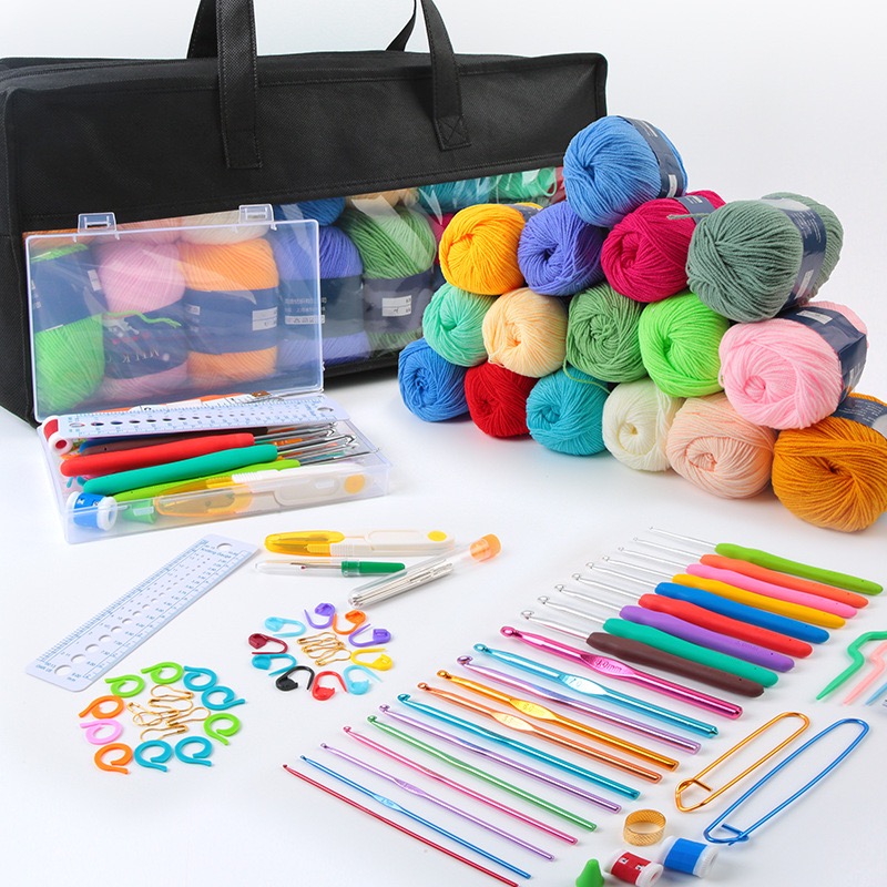 Wolly Wonders 113 Piece Crochet with Yarn Set–1600 Yards Assorted Yarn 24 PCS Crochet Accessories Set Including Hooks, Knitting Needles & More Ideal Beginner, Adults Kit