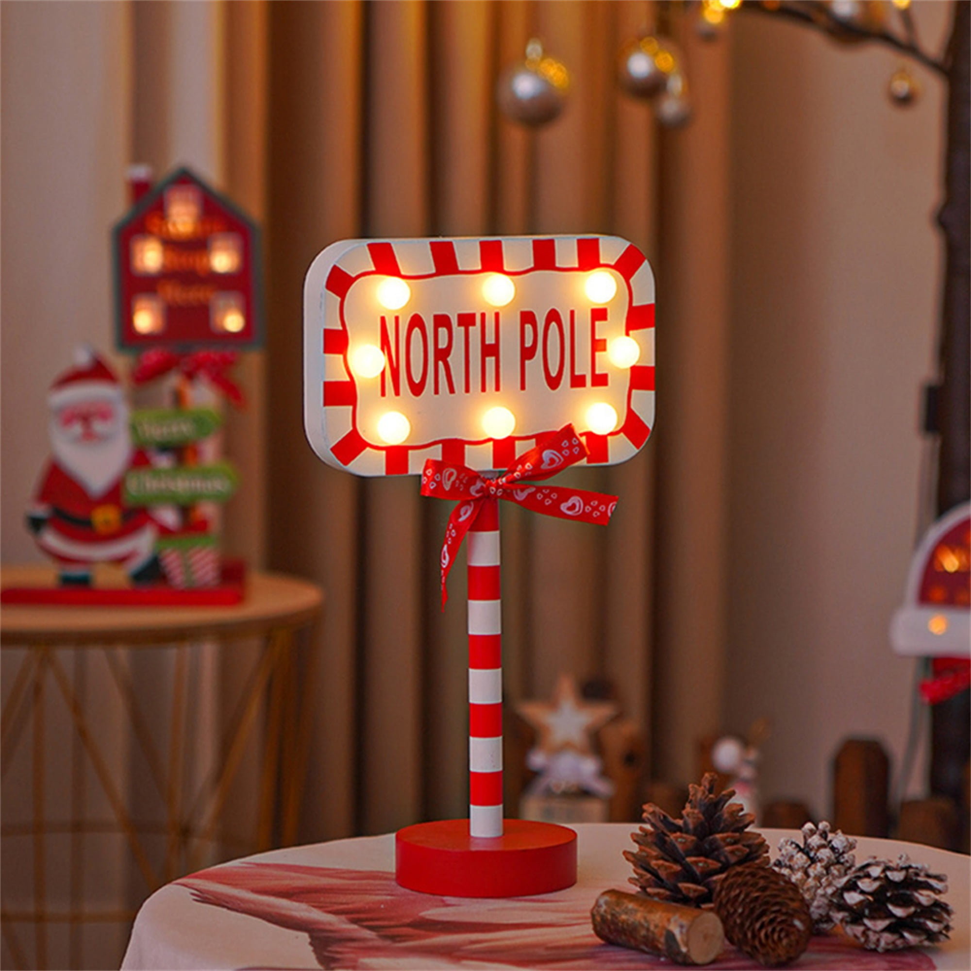 Christmas Santa Stop Here Sign LED Light Up North Pole Sign Tabletop Decorations for Home